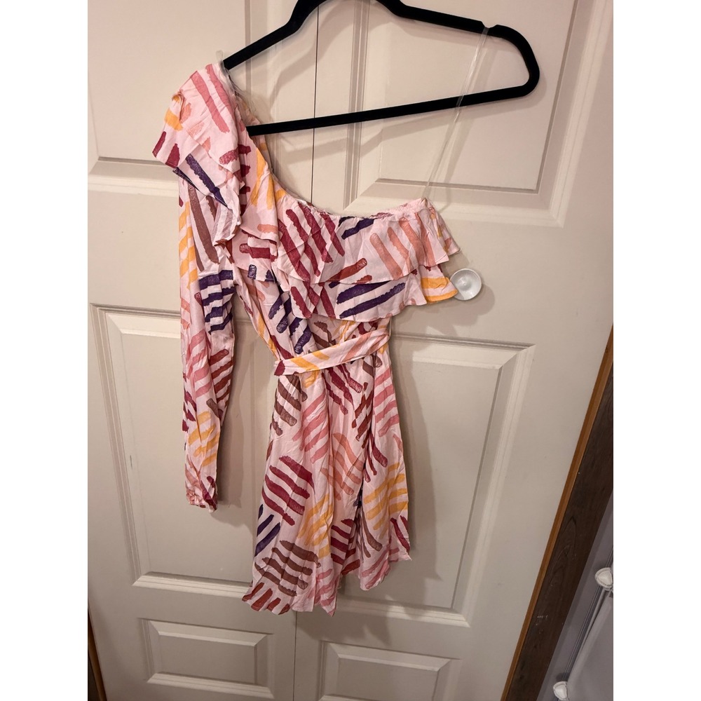 Emily Wonder One Shoulder Ruffle Mini Dress Pink Abstract Brushstroke Small